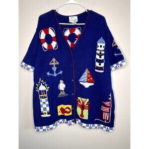 1990s Quacker Factory Seagull Coastal Nautical Anchor Lobster Boats Cardigan 2X